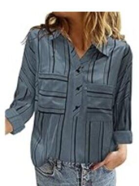 Astylish Graphic Stripe Smokey Slate Blue & Black Tunic Top Shirt Blouse - EUC